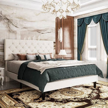 Load image into Gallery viewer, Queen White Faux Leather Upholstered Platform Bed with Button-Tufted Headboard
