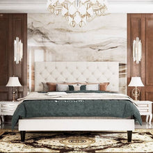 Load image into Gallery viewer, Queen White Faux Leather Upholstered Platform Bed with Button-Tufted Headboard
